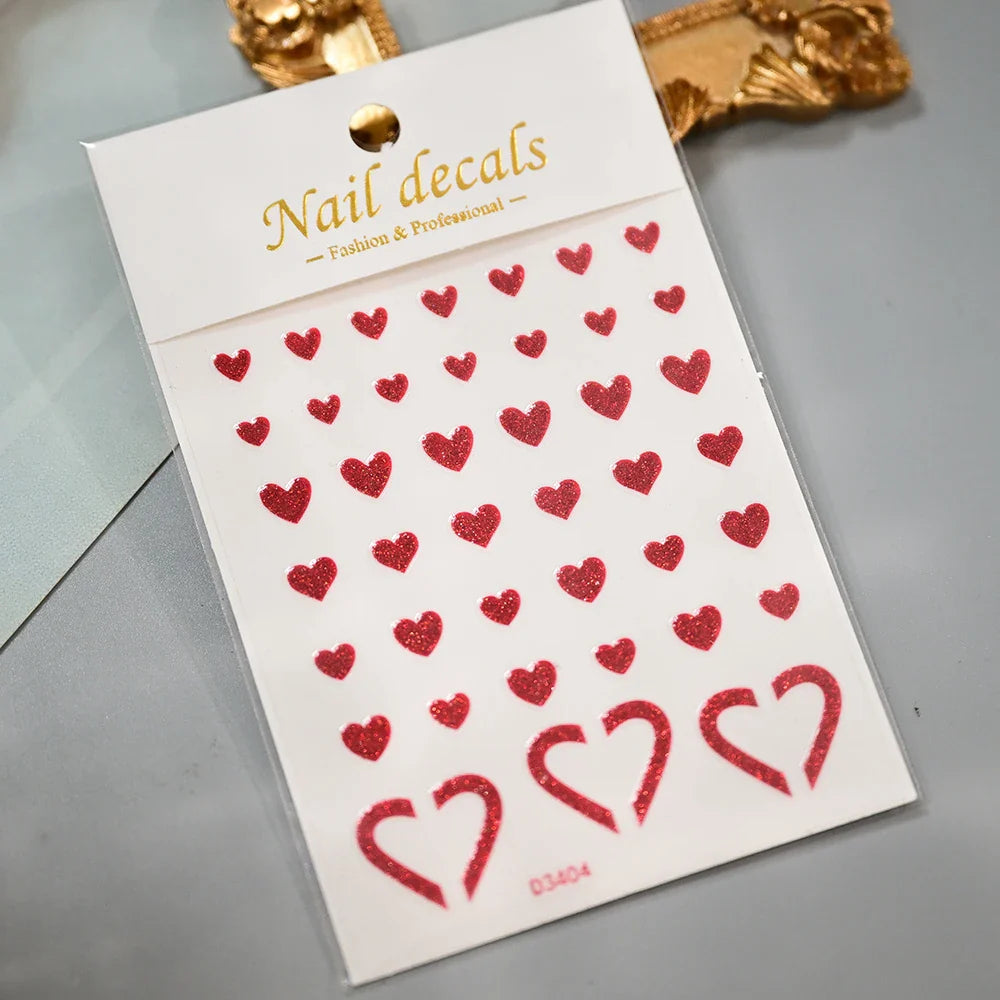 1Pc Red Pink White Heart Bow Nail Art Stickers with Glitter Sequins 5D Self Adhesive Nail Decorations Slider Decals DIY Manicure (ONLINE ORDER ONLY)