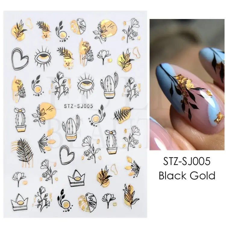 Abstract Geometry Stickers For Nail 3D Laser Gold Black Leaves Heart Line Adhesive Sliders Decor Holographic Decal (Online Order Only)