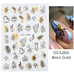 Abstract Geometry Stickers For Nail 3D Laser Gold Black Leaves Heart Line Adhesive Sliders Decor Holographic Decal (Online Order Only)