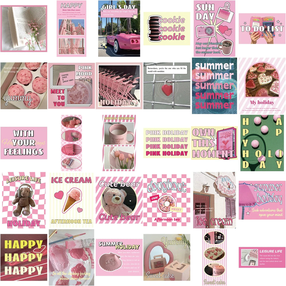 30Pcs Pink Holiday Stickers Aesthetic Art PVC Decals Scrapbooking Label Diary Stationery Computer Refrigerator (ONLINE ORDER ONLY)