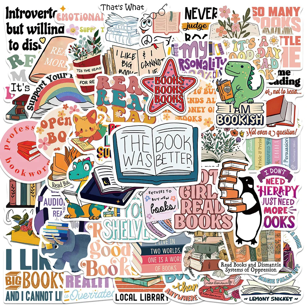 50PCS Bookworm Stickers Waterproof for Laptop, Guitar, Skateboard, Kindle, Bicycle (Online Order Only)