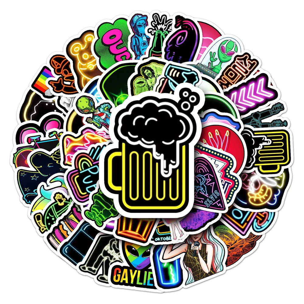50Pcs Neon Cartoon Waterproof Vinyl Stickers for Skateboard Snowboard (Online Order Only)