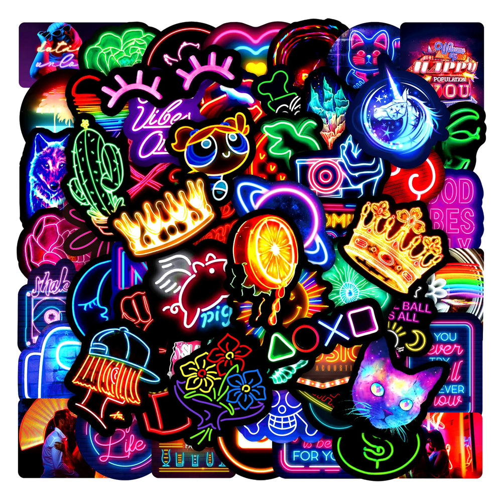10/30/50PCS New Neon Stickers Cute Cartoon Mobile Phone Guitar Helmet Bottle Car Decal Graffiti Wallpaper Decoration Toy Gift (ONLINE ORDER ONLY)