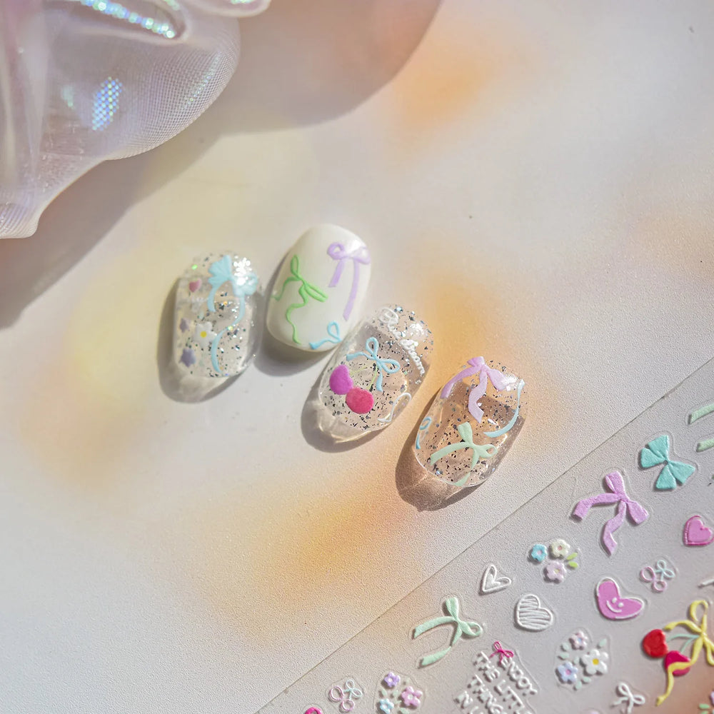Doodle Pink Blue Ribbon Bowknot Flower Cherry Strawberry Graffiti Love Heart Delicate Embossed Nail Art Sticker Manicure Decals (ONLINE ORDER ONLY)