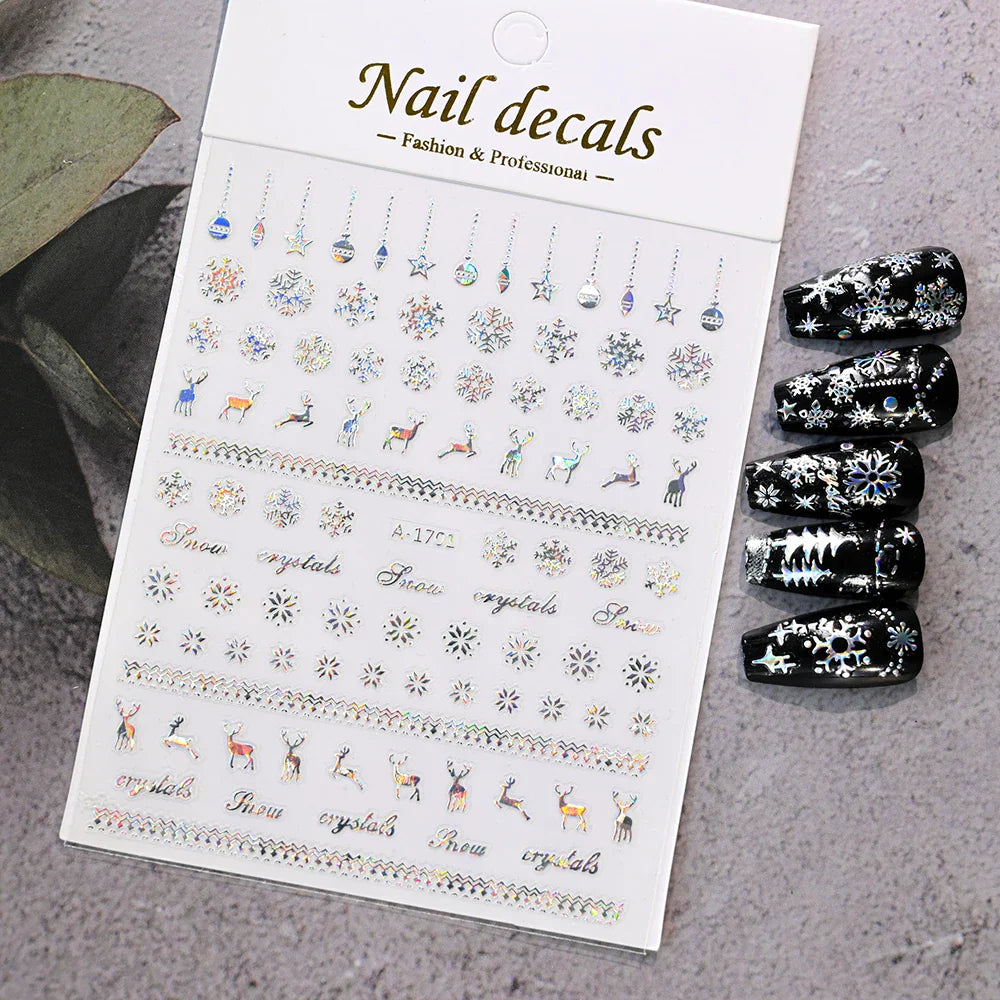 Winter Xmas 3D Nail Sticker Snowflake Flower Winter Decals Nail Stickers Cartoon Bird Santa Penguin Elk Slider New Year Manicure (ONLINE ORDER ONLY)