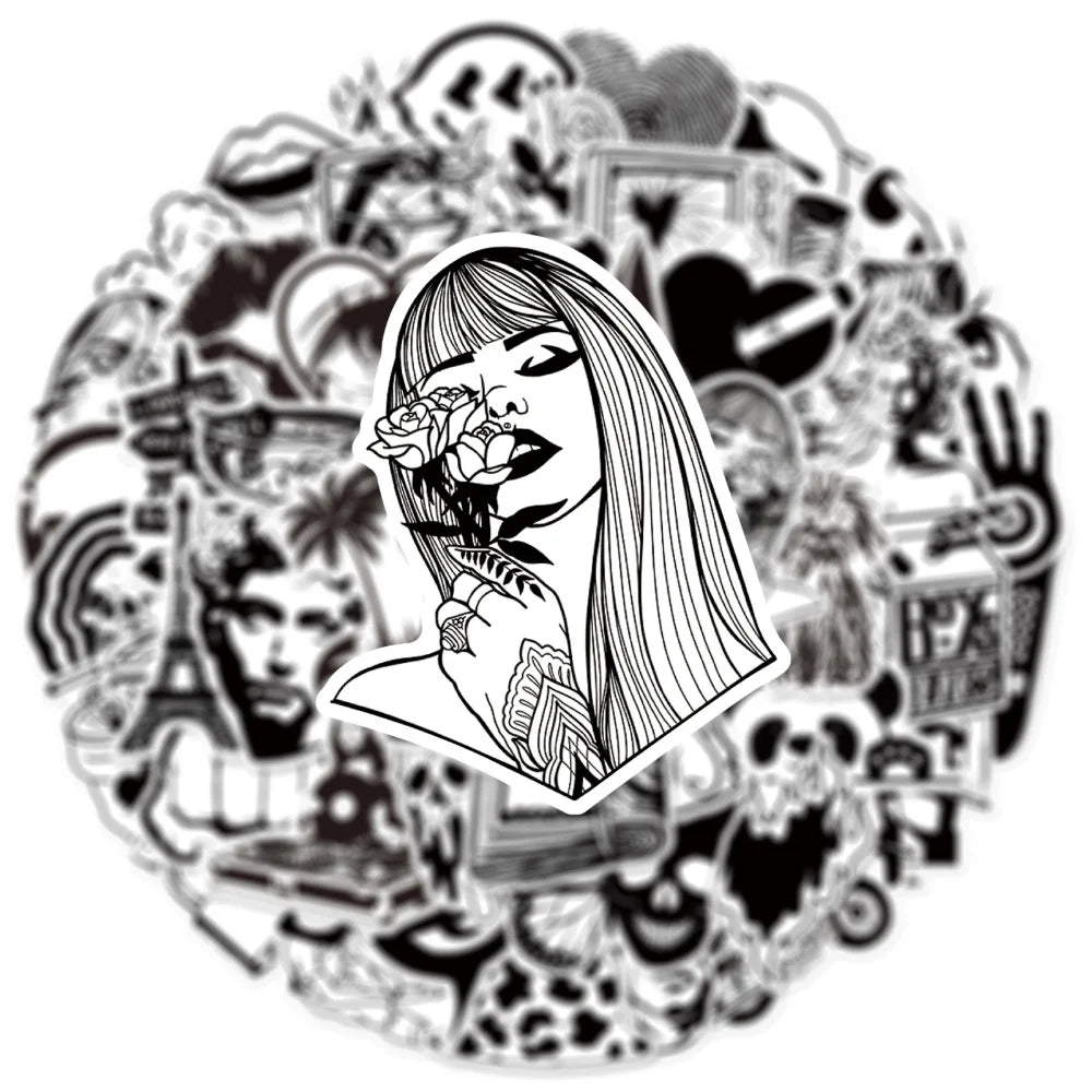 50pcs Graffiti Black and White Art Styling Stickers Laptop Luggage Phone Case Guitar Fridge Car Motorcycle Cool Ins Decals (Online Order Only)