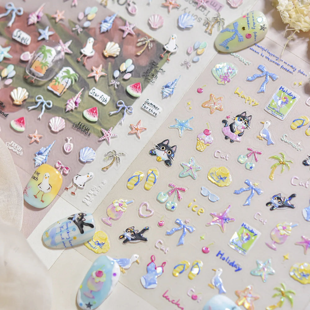 Summer Beach Bikini Watermelon Duck Cat Ice Cream Shell Coconut Tree Cherry Starfish Sunglasses Nail Art Sticker Manicure Decals (ONLINE ORDER ONLY)