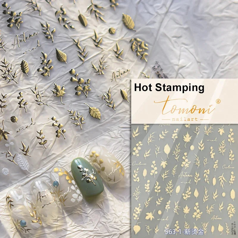 Autumn Fall Maple Leaves Ginkgo Leaf Osmanthus Chrysanthemums Rabbit Bunny Plant Flower Relief Nail Art Sticker Decoration Decal (ONLINE ORDER ONLY)