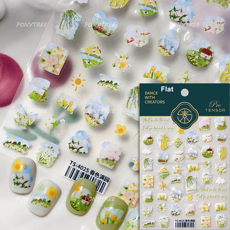 Painting Sketch Tulip Daisy Willows Scenery Daisy Colorful Flowers Sun Star Butterfly Wicker 3D Nail Art Stickers Manicure Decal (ONLINE ORDER ONLY)