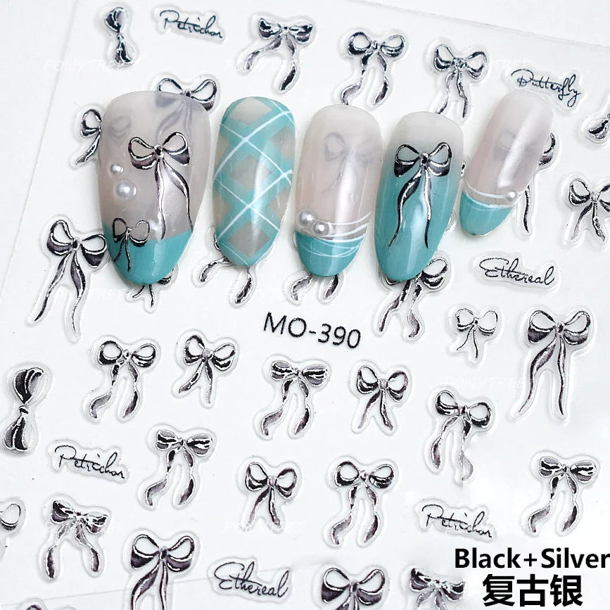 Gold Silver White Black Pink Blue Bowknot Ribbon Flat 3D Line Gird Strap Tie Elegant Charming Nail Art Stickers Manicure Decals (ONLINE ORDER ONLY)