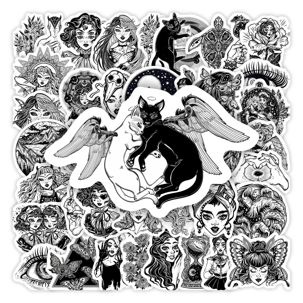 Cool Cartoon Gothic Witch Girl Stickers Black Aesthetic Art Decal for Laptop Phone Scrapbook Luggage Decorative (ONLINE ORDER ONLY)