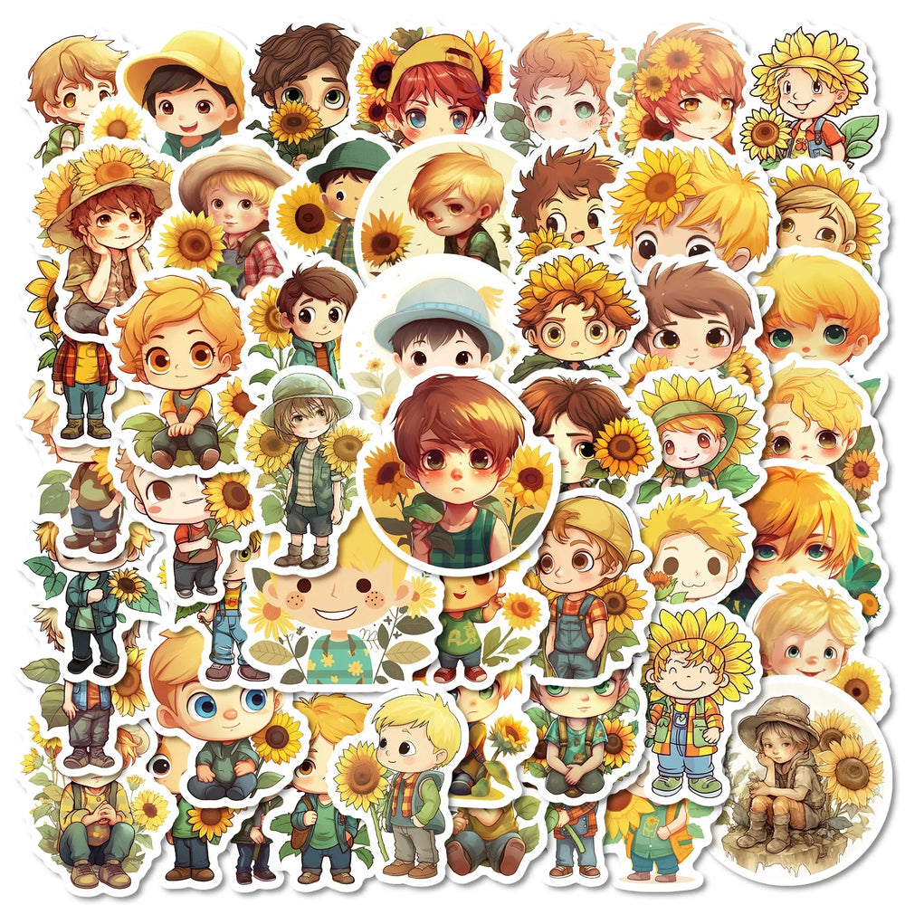 50Pcs Cartoon Sunflower Boy Stickers for Helmet, Wall, DIY Decor (ONLINE ORDER ONLY)