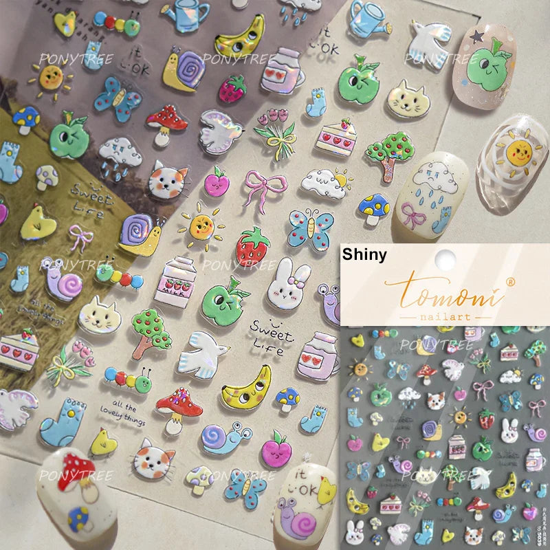 Graffiti Bear Cat Kitten Dog Puppy Bowknot Cake Tulip Note Star Cherry Cup Adhesive Nail Art Decoration Sticker Manicure Decals (ONLINE ORDER ONLY)