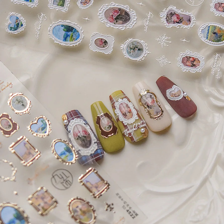 Retro Rose Gold Silver Totem Picture Photo Frame Flower 5D Self Adhesive Nail Art Stickers 5D Shiny Rhinestone Manicure Decals (ONLINE ORDER ONLY)
