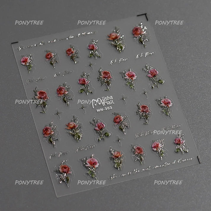 Watercolor Style Rose Flower Colored Rosa Chinensis 3D 5D Flat Reliefs Charming Self Adhesive Nail Art Stickers Manicure Decals (ONLINE ORDER ONLY)
