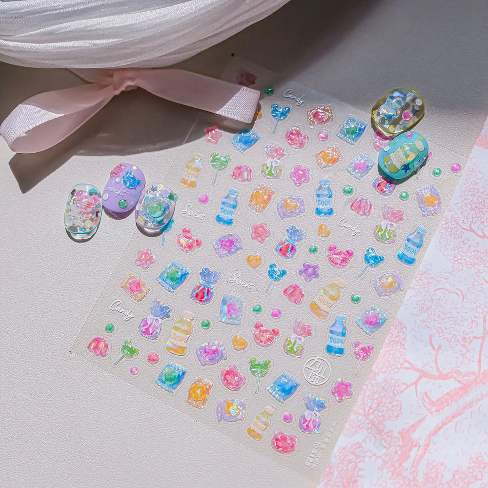 Colourful Jelly Rabbit Bunny Gummy Bear Cute Lollipop Soda Water Candy Snack Pudding Star Heart Nail Art Stickers Manicure Decal (ONLINE ORDER ONLY)
