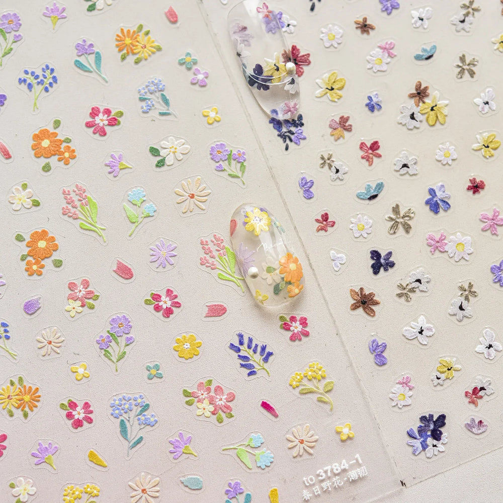 Wild Flower Oil Painting Small Variegated Daisy Peach Blossom Lavender Spring Petal Adhesive Nail Art Stickers Manicure Decals (Online Order Only)