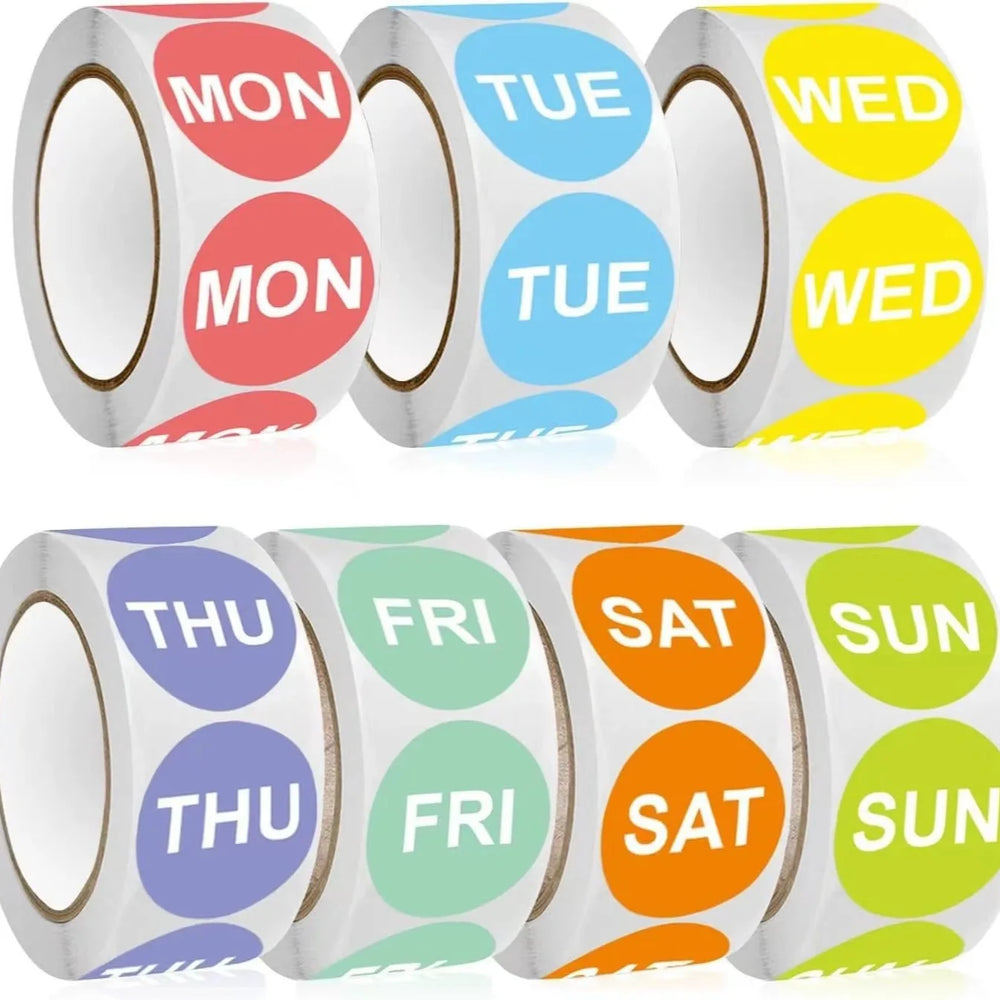 500Pcs/1 Rolls 2.5cm Packaging Weekly Stickers English Color Date From Monday to Sunday Stationery Sticker (ONLINE ORDER ONLY)