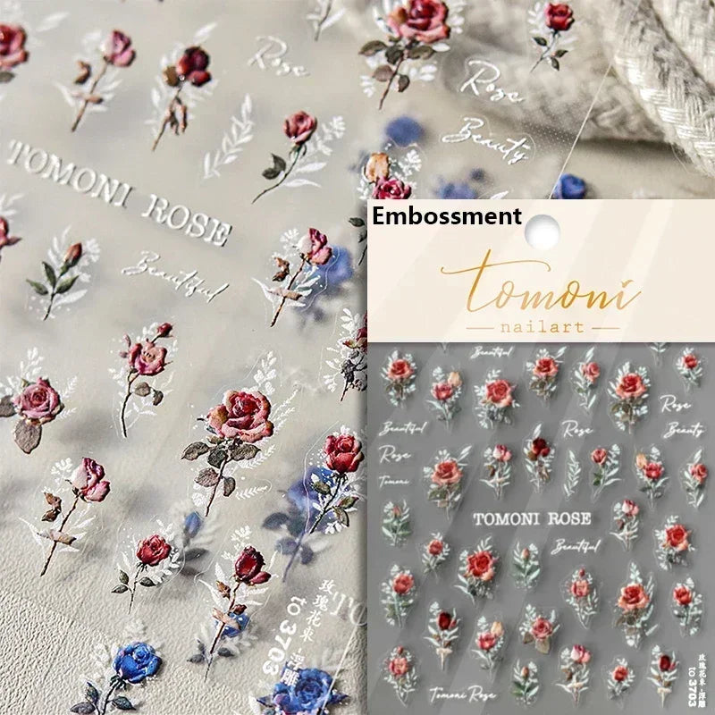 Pale Flower Bouquet Label Bowknot Stationery Sunflower Daisy Leaf 3D Self Adhesive Nail Art Stickers Rhinestone Manicure Decals (Online Order Only)