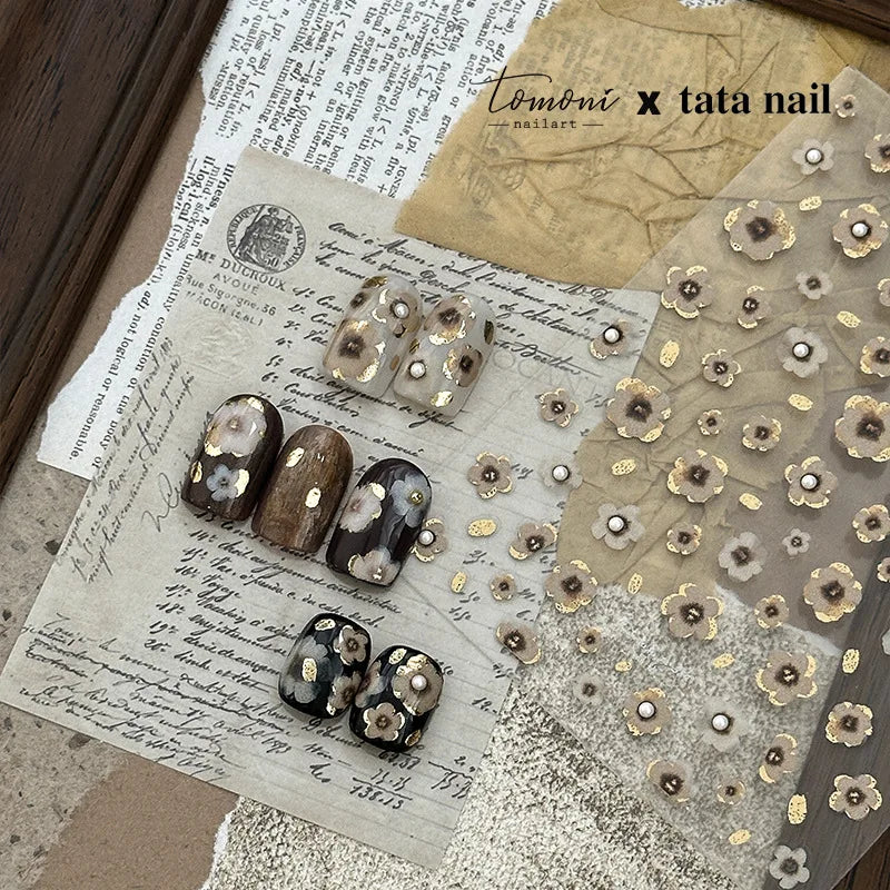 Retro Flowers Petal Pearl Rhinestones Halo Dyeing Chic Daisy Vintage Gold Foil  Floral Designs Nail Art Stickers Manicure Decals (ONLINE ORDER ONLY)