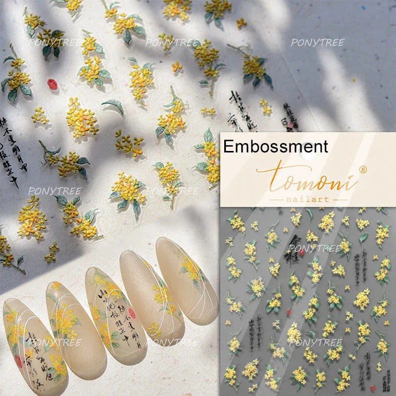 Antique Changle Flower Chrysanthemum Jade Pendant Feathers Green Leaf Adhesive Nail Art Stickers Flat Embossment Manicure Decals (Online Order Only)