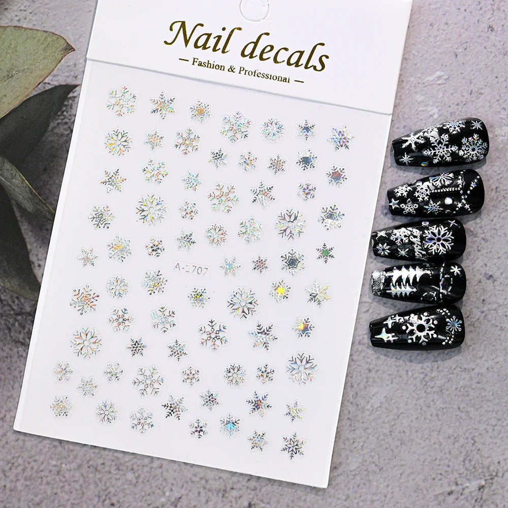 3D Gold Glitter Snowflake Nail Sticker Winter Reflective Elk Star Balloon Christmas Tree Foil Xmas New Year Decal Tips Decoratio (ONLINE ORDER ONLY)