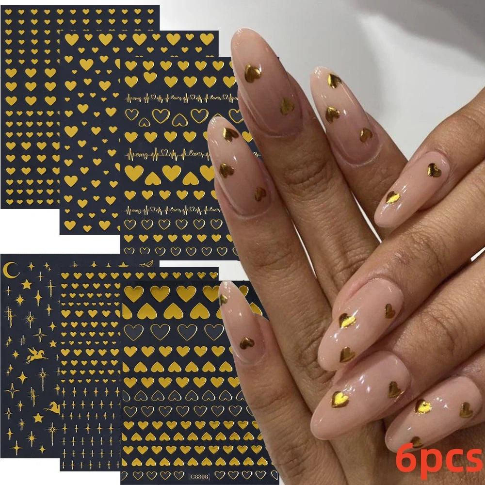 6pcs Mirror Silver Star 3D Nail Sticker Holographic Heart/Moon/Cross Design Self-Adhesive Decal Manicure Art Supplies Decoration (ONLINE ORDER ONLY)