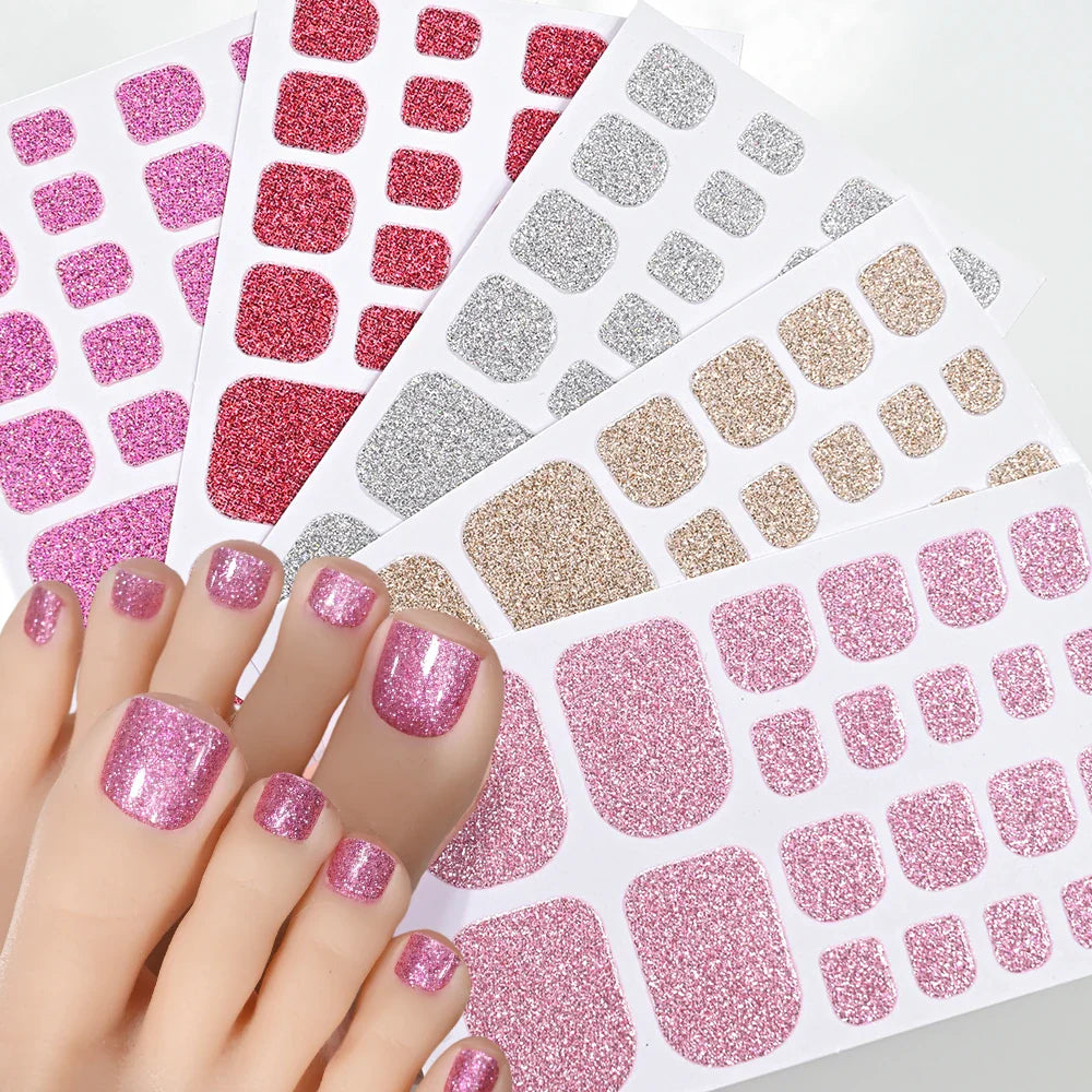22Tips Pink Red Glitter Design Baking-free Toenail Stickers Solid Color Adhesive Full Cover Toe Nail Strip Slider Manicure Decal (ONLINE ORDER ONLY)
