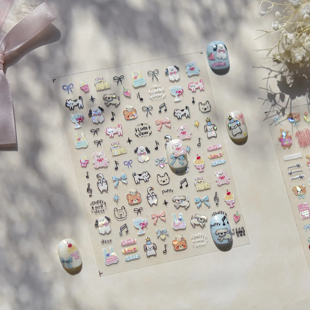 Lovely Animals Cat Dog Bear Party Puppy Kitten Cake Bowknot Flower Love Heart Lace Gird Adhesive Nail Art Sticker Manicure Decal (ONLINE ORDER ONLY)
