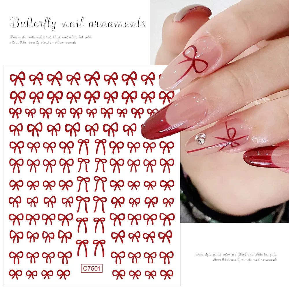 6pcs/Set Lovely Line Bowknot Nail Sticker Gold Silver Black White Pink Red Bow Tie Mini Bowknot 3D Self Adhesive Manicure Decals (ONLINE ORDER ONLY)