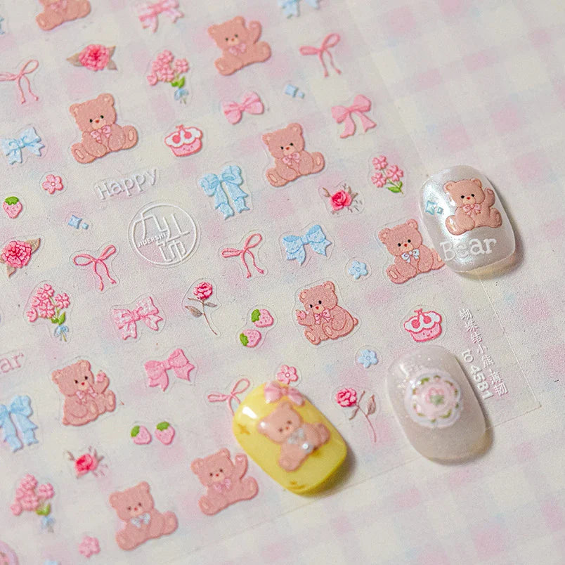 Charming Cherry's Cake Cute Bowknot Pink Blue Bear Flower Bouquet Strawberry Adhesive Nail Art Sticker Rhinestone Manicure Decal (Online Order Only)