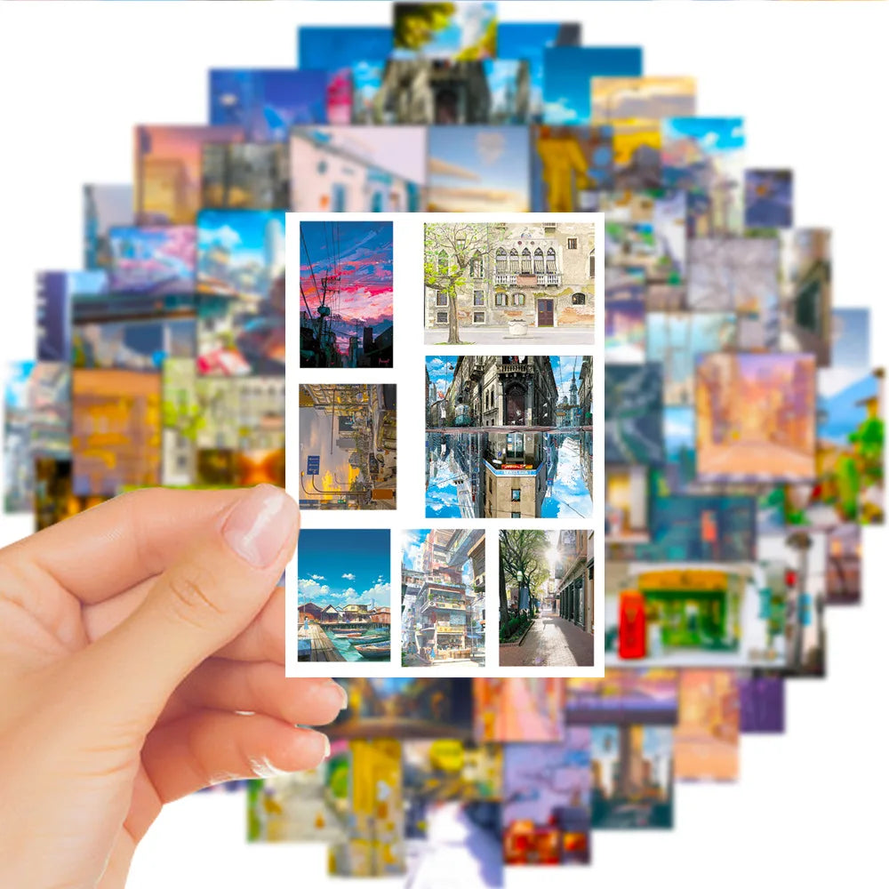 10/30/50PCS Cartoon View Street Landscape Stickers Aesthetic PVC Waterproof Decals Luggage Guitar Skateboard Sticker Decals Toys (ONLINE ORDER ONLY)