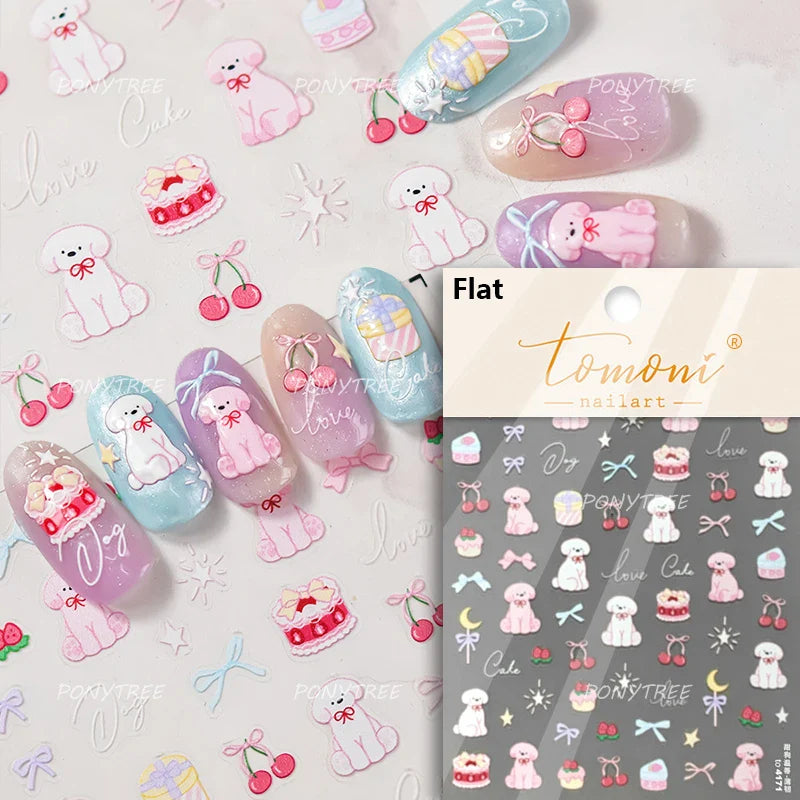 Cute Apple Fruit Dog Puppy Cat Kitten Adhesive Nail Art Sticker Charming Delicate Rhinestone Shiny Manicure Decals Nail Supplies (ONLINE ORDER ONLY)