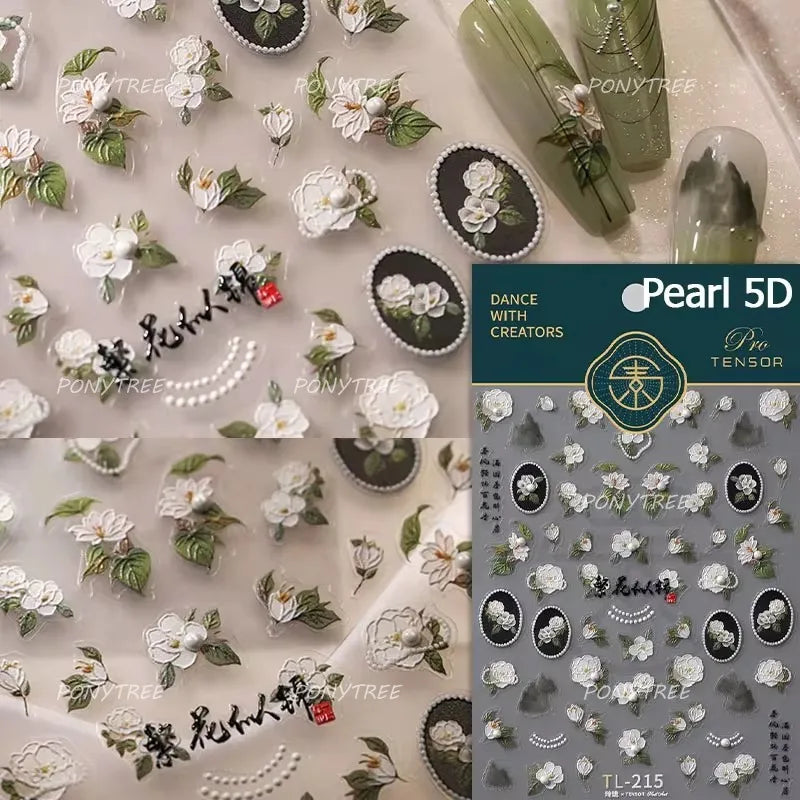 Mountain Daisy Wild Flower Mini Green Leaves White Petal Romantic Embossed Reliefs Adhesive Nail Art Stickers Manicure Decals (ONLINE ORDER ONLY)