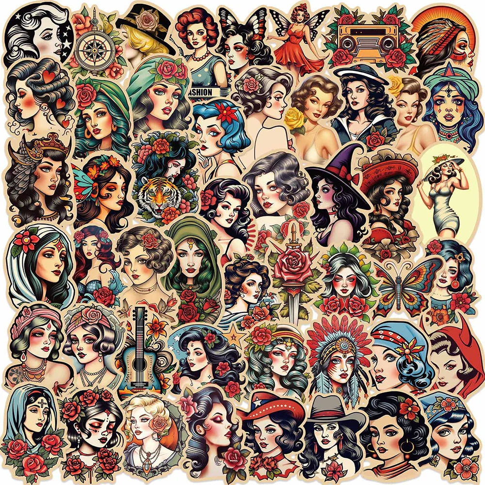 Retro Tattoo Girl Stickers Vintage Decals Waterproof 10/30/50pcs (Online Order Only)