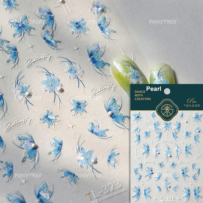 Green Blue Glass Butterfly Lily Flowers Star Line Water Droplet Charming Shiny Self Adhesive Nail Art Stickers Manicure Decals (ONLINE ORDER ONLY)