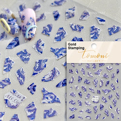 Retro Blue Lotus Flower Arrangement Vase Lantern Totem Pattern Bamboo Leaf Self Adhesive Nail Art Stickers Shiny Manicure Decals (ONLINE ORDER ONLY)