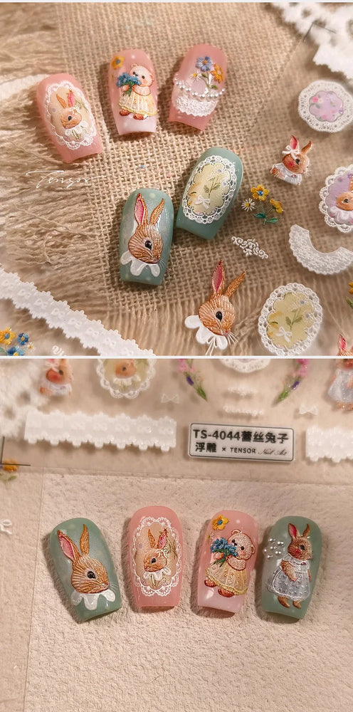 Rabbit Bunny Bear Flower Lace Bowknot Retro Frame Rose Self Adhesive Nail Art Decoration Stickers Chic Manicure Decals Wholesale (ONLINE ORDER ONLY)