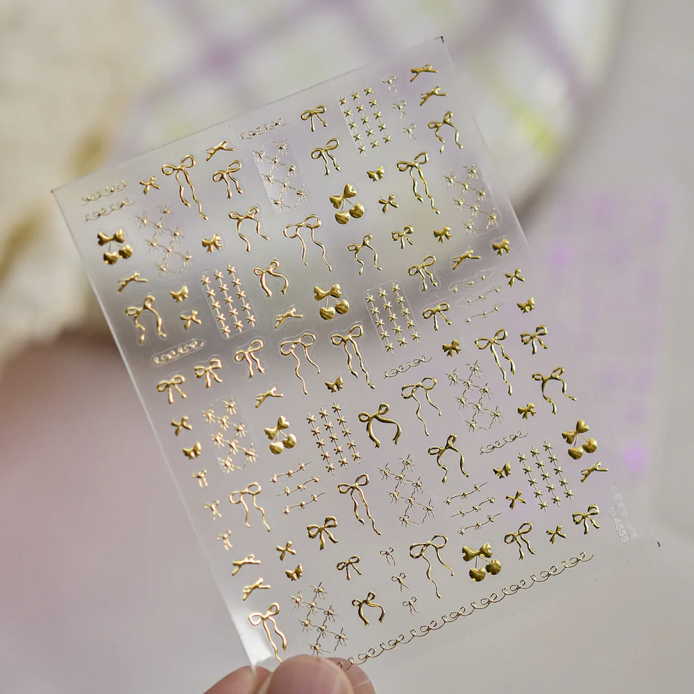 Purple Gold Silver Bowknot Cherry Fruit Cute Ribbon Tie Line Delicate 3D Adhesive Nail Art Stickers Manicure Decals Wholesale (Online Order Only)