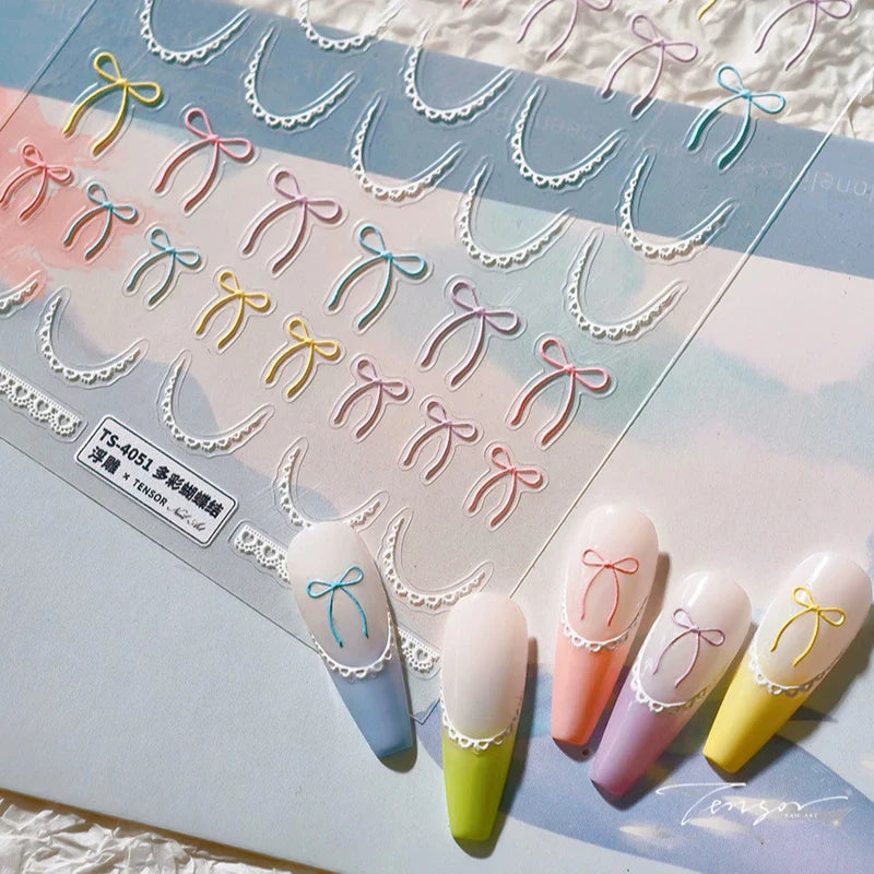 Pink Blue Purple Lovely Line Bowknot Lace Arc Curve Romantic Delicate Cording Embossed Adhesive Nail Art Sticker Manicure Decal (ONLINE ORDER ONLY)