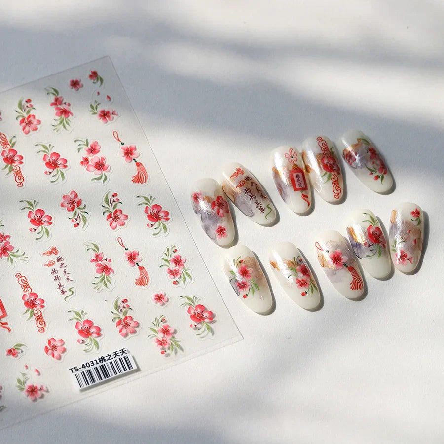 Graceful Peach Blossom Blessing Sachet Pretty Buckle Tassels Pendant Antique Radiant Adhesive Nail Art Stickers Manicure Decals (ONLINE ORDER ONLY)