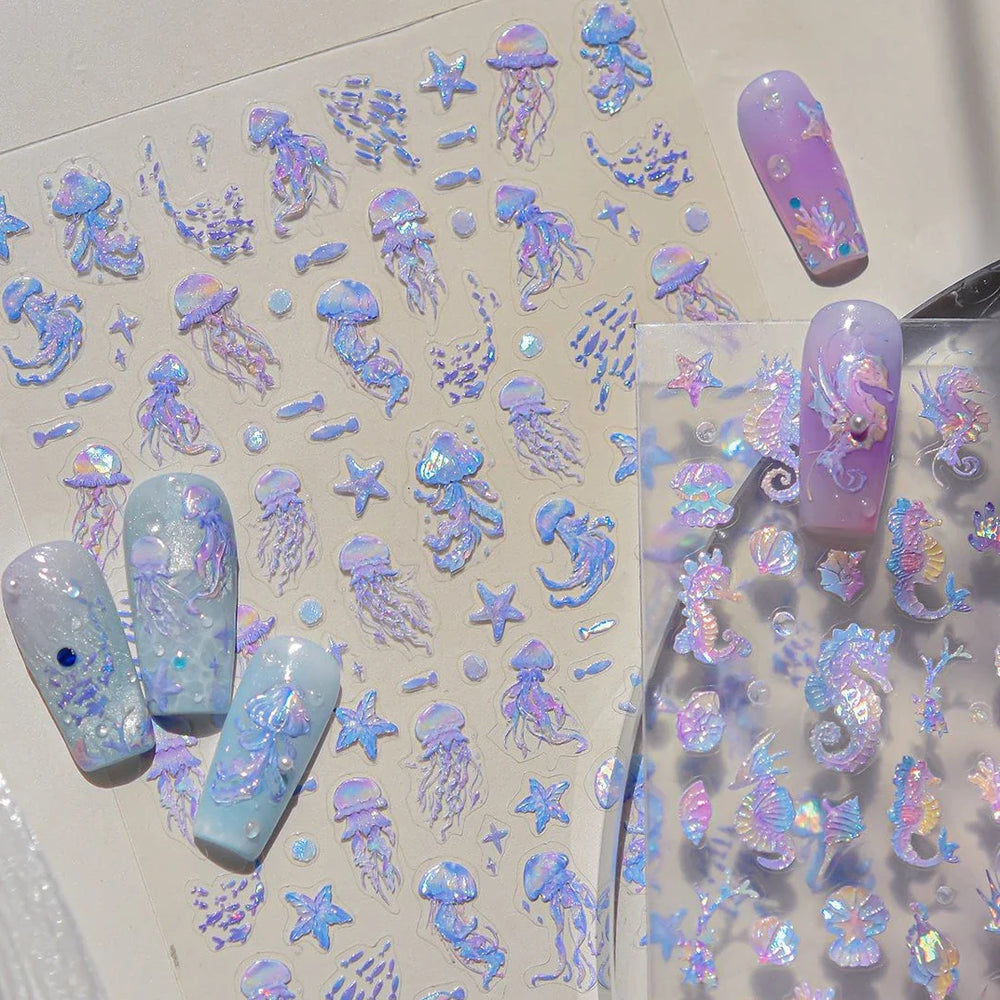 Jellyfish Schools of Fish Shoal Mermaid Tail Seahorse Dreamy Ocean Starfish Shell Coral Adhesive Nail Art Sticker Manicure Decal (ONLINE ORDER ONLY)