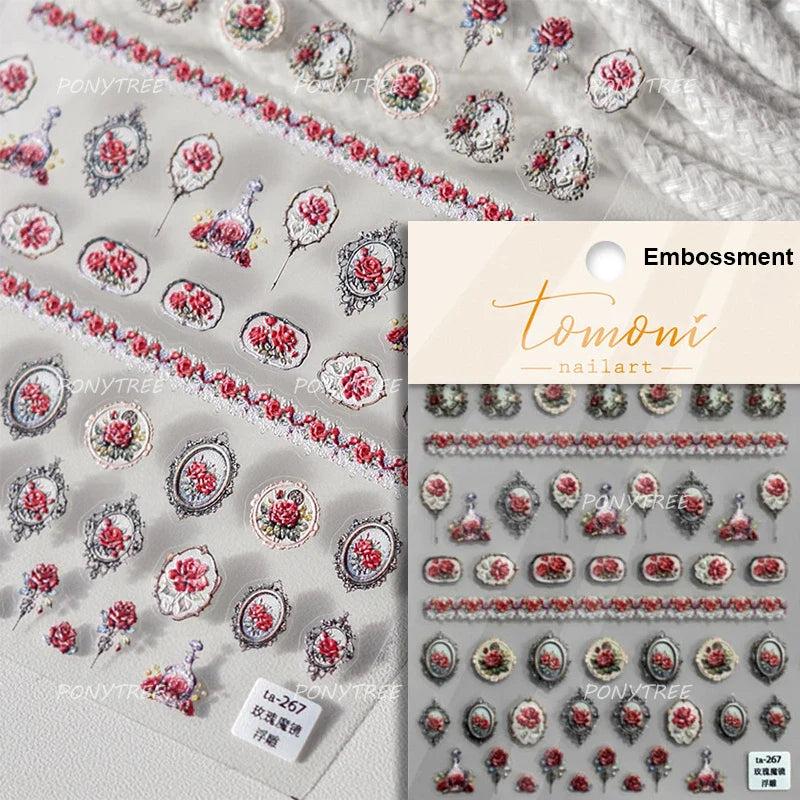 Watercolor Style Colourful Rose Flower Embossment Romantic Garden 5D Self Adhesive Nail Art Decoration Stickers Manicure Decals (ONLINE ORDER ONLY)