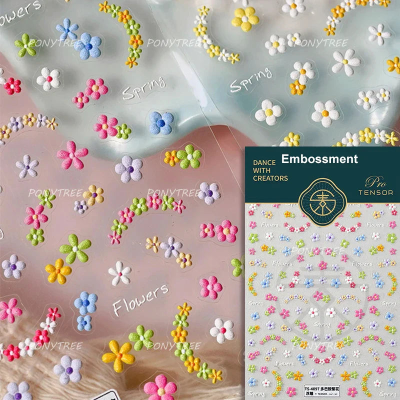 Mini Colourful Flower Black Yellow Petal Wreath 5D Chic Embossed Reliefs Delicate Self Adhesive Nail Art Stickers Manicure Decal (Online Order Only)
