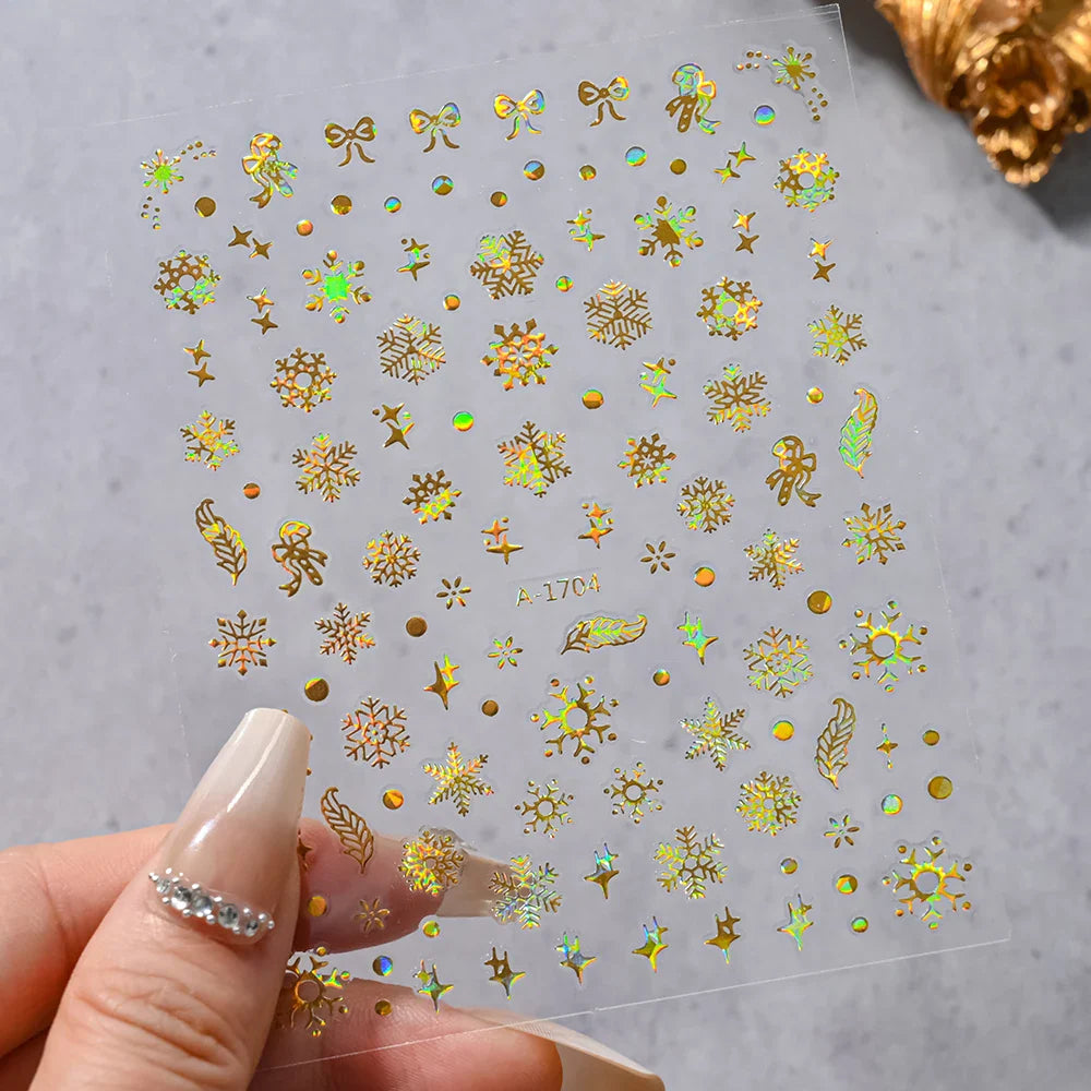 1PCS Laser Gold Snowflake Christmas Tree Nail Sticker 3D Adhesive Nail Decals Nail Art Accessories New Christmas Decoration 2024 (ONLINE ORDER ONLY)