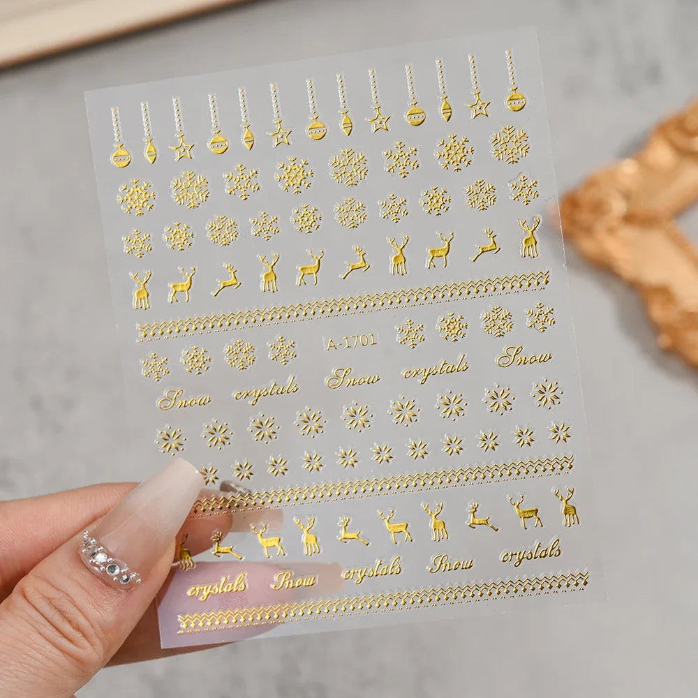 3D Gold Glitter Snowflake Nail Sticker Winter Reflective Elk Star Balloon Christmas Tree Foil Xmas New Year Decal Tips Decoratio (ONLINE ORDER ONLY)