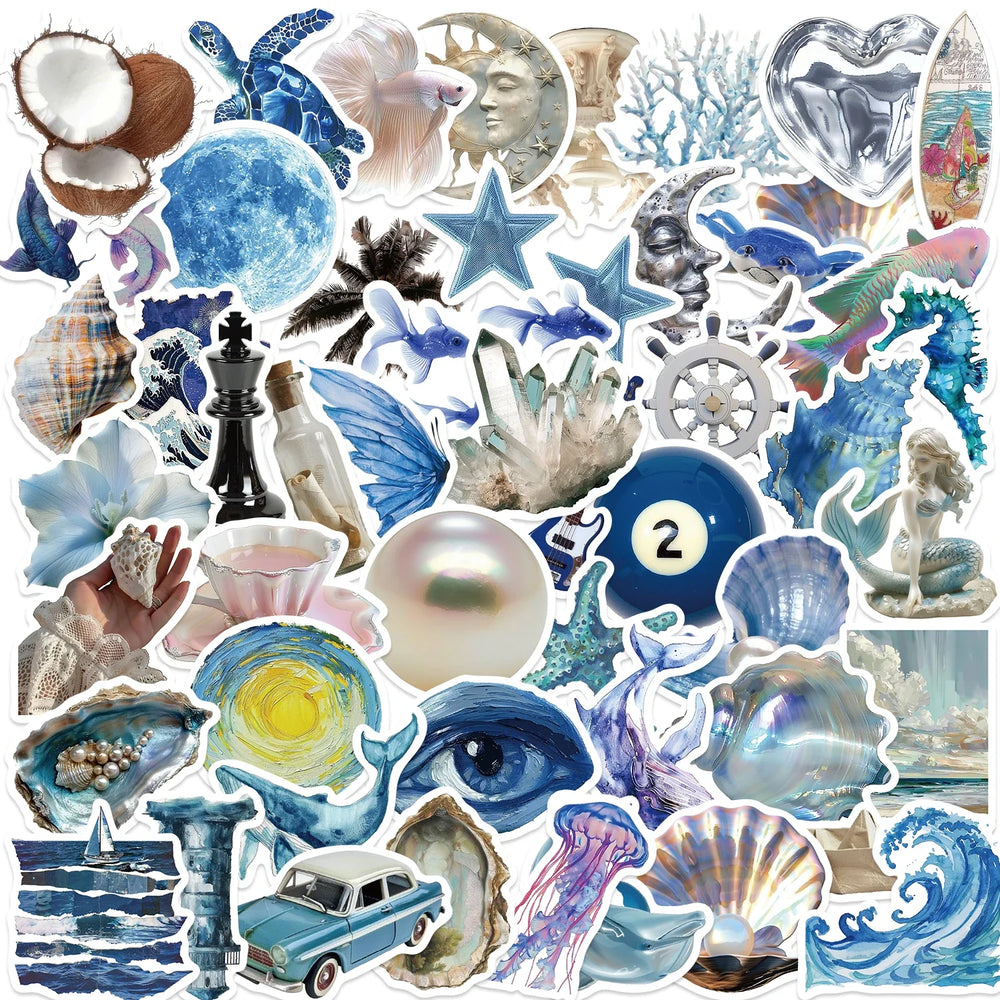 50pcs Silver Blue Sea Ins Sticker Waterproof Graffiti Cartoon Stickers For Luggage Laptop Guitar Phone Skateboard Vinyl Decals (Online Order Only)