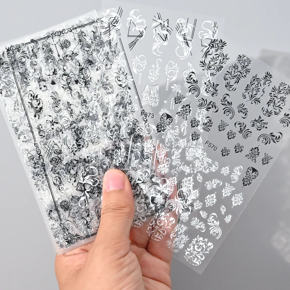 1PC Lace Flower Leaf Nail Sticker Geometric Line Leaf Floral Nail Art Decal Abstract Elegant Black White Pattern Nail Decoration (ONLINE ORDER ONLY)