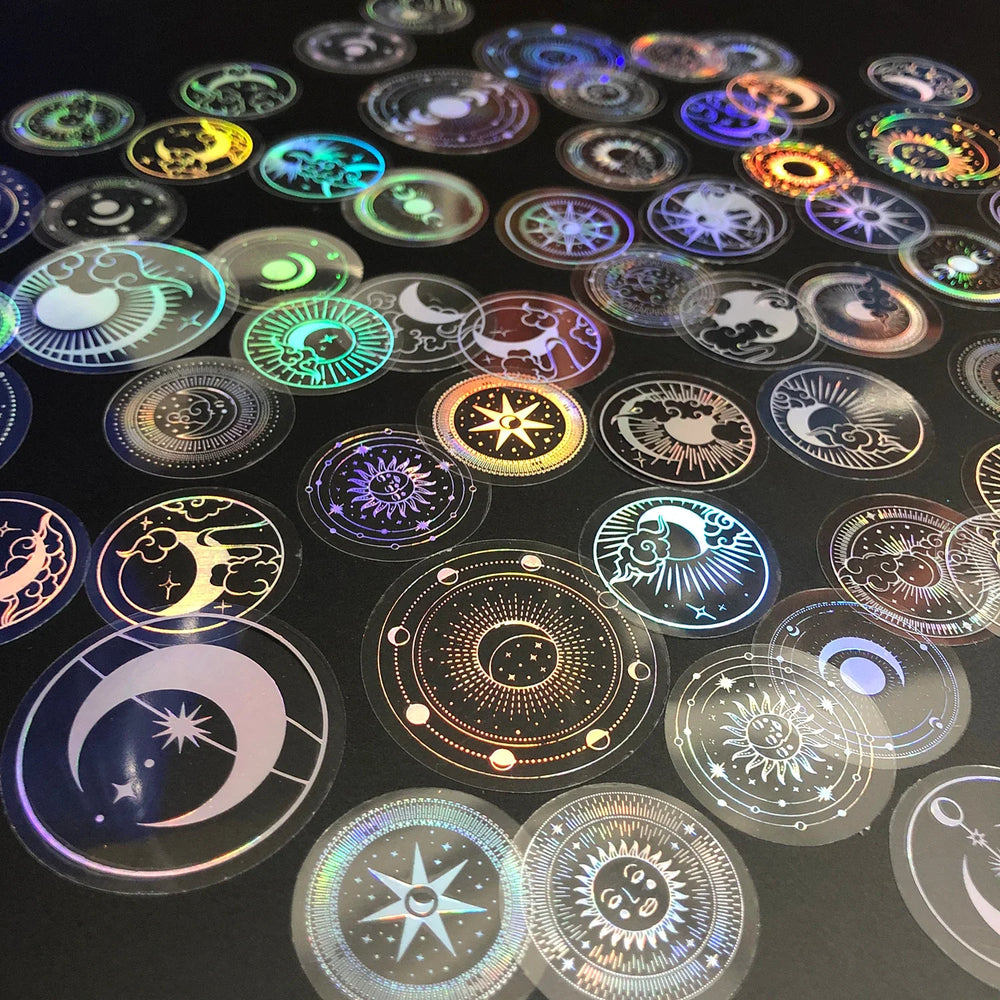 70 pcs PET Adhesive Stickers Waterproof Transparent Laser Silver Stickers Label: SUN MOON Stars etc (Online Order Only)