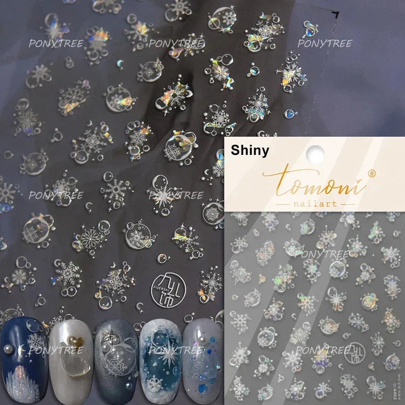 Flying Snowflakes Cold Winter Geometric Hexagon Star Romantic Adhesive Nail Art Stickers Embossment Rhinestone Manicure Decals (ONLINE ORDER ONLY)